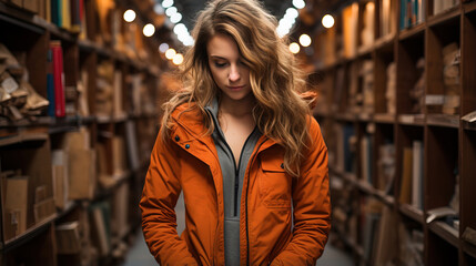 Young woman lost in a novel at a bookstore, quiet aisles. - obrazy, fototapety, plakaty