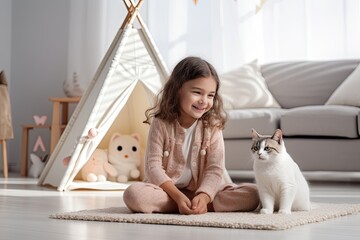 Two cute little girls, one holding a fluffy kitten and the other a playful puppy, share a heartwarming bond.