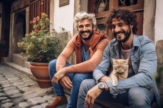Two happy young men and cat, sitting outdoors at a restaurant, share laughter and friendship while taking a cheerful selfie.