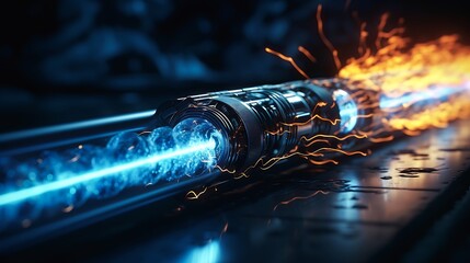 closeup blue flame coming out metal tube lasers glowing protagonist interconnections highly red atoms emitting bright thunderbolt energy released - obrazy, fototapety, plakaty