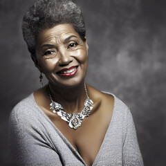 Portrait Head Shot of Stylish Elegant Attractive Gorgeous Beautiful Happy Middle Age 50 - 60 Year Old Mature Senior African American Black Woman Smooth Healthy Skin Grey Hair Posing in Gray Smiling