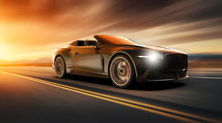 White generic and unbranded car speed driving at sunset, 3D illustration