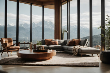 Fototapeta na wymiar Generative KI offenes helles Wohnzimmer mit Couch große Fenster und Fernsicht auf Berge