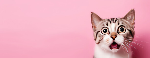 Surprised shocked cat face with open mouth and big eyes isolated on flat pink background. Pet shop banner template with copy space.  - obrazy, fototapety, plakaty