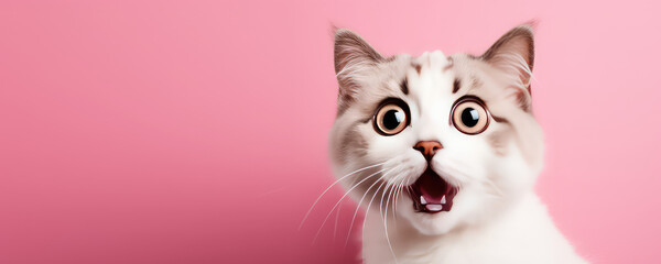 Surprised shocked cat face with open mouth and big eyes isolated on flat pink background. Pet shop banner template with copy space.  - Powered by Adobe