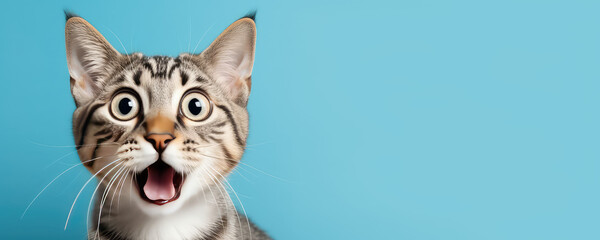 Surprised shocked cat face with open mouth and big eyes isolated on flat blue background. Pet shop banner template with copy space.  - obrazy, fototapety, plakaty