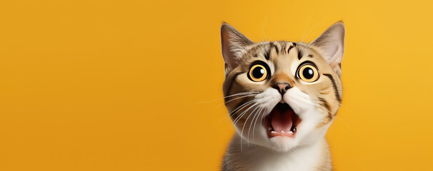 Surprised shocked cat face with open mouth and big eyes isolated on flat orange background. Pet shop banner template with copy space. 