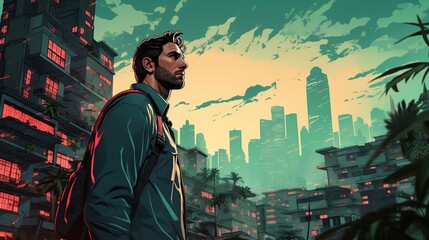  a man walking into a city synthwave, generative ai