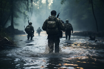 Some soldiers walk through the water