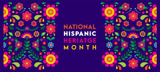 Hispanic heritage month. Vector web banner, poster, card for social media, networks. Greeting with national Hispanic heritage month text, flowers on floral pattern background. Vector illustration - 653901879