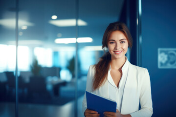 Business woman holding file folder. Portrait of an office worker professional look. Close-up view.