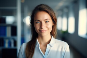 Business woman looking to the camera and smiling. Portrait of an office worker professional look. Close-up view.