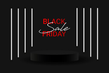 White neon light 3D black geometric stage podium for Mega sale special offer on Black Friday.Vector illustration.