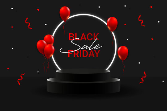 3D Black geometric stage podium white neon light serpentine confetti ballon for special offer Mega sale  on Black Friday.Vector illustration.