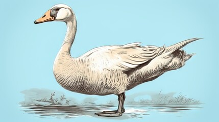  a drawing of a goose standing in the water with its head turned to the side.  generative ai