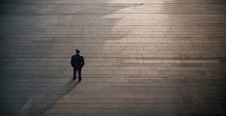 minimalist concept top view of a man on a paved square, strong contrast and shadow