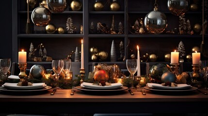  a table set for a holiday dinner with candles and ornaments.  generative ai