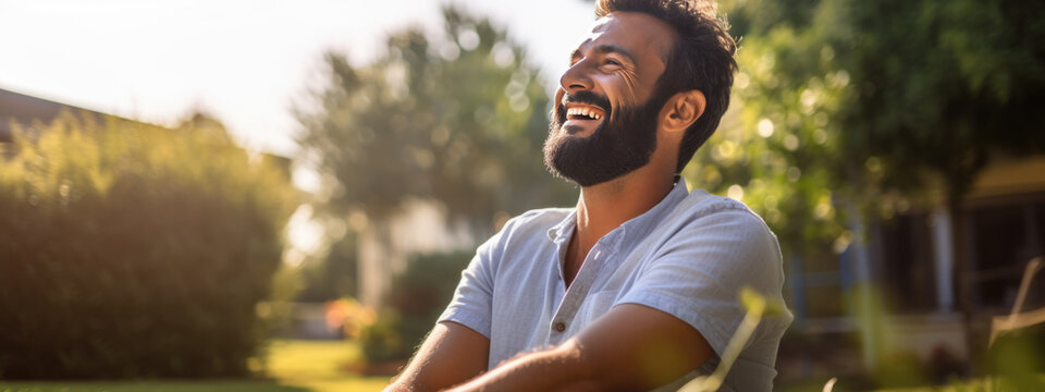 Joyful man smiles in his back yard on a sunny day
