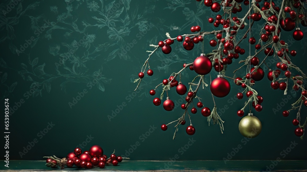 Poster a green background with red and gold ornaments hanging from a branch. generative ai