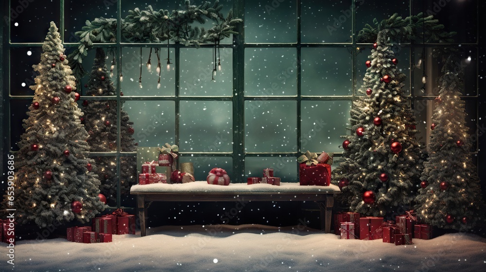 Poster a christmas scene with presents on a table and a window. generative ai