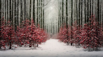  a snowy path through a forest filled with red trees covered in snow.  generative ai