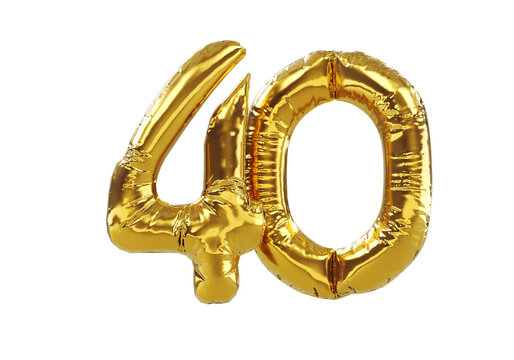 3D render of balloon number forty isolated on white background. Party decoration golden balloons. Anniversary