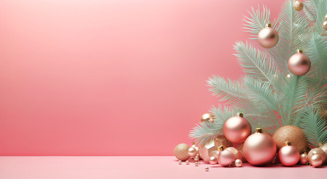 Pink 3D render Christmas background with balls and gift boxes and christmas tree. Christmas white background with christmas balls and decoration - 3d rendering. Generative ai