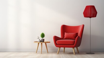 Contemporary living room featuring a red armchair and stylish lamp. Scandinavian-inspired interior decor. 3D rendering for design inspiration