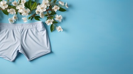 Gray men's underwear with cotton flowers on a blue background. Emphasizing natural fabric and eco-friendly style, this flat lay top view composition offers copy space for fashion underwear