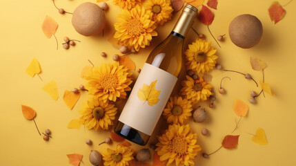 Top view of a bottle of white wine on an orange floral background with fallen yellow leaves.