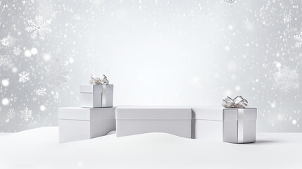 Silver gift boxes and podium on snow with falling snowflakes background. Free space for product placement or advertising text.