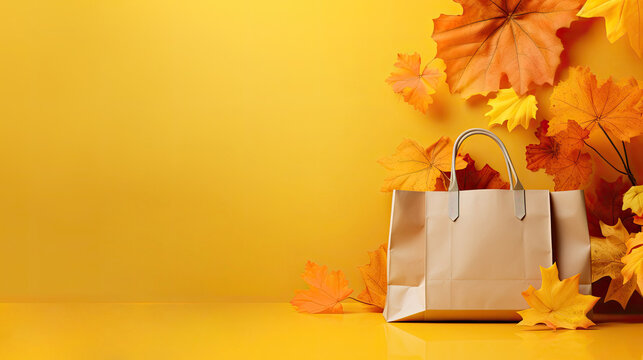 Paper shopping bag and fallen leaves on a yellow background. Free space for product placement or advertising text.