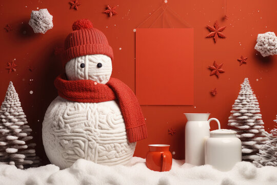 Knitted snowman in a red hat and scarf in the snow with New Year's decorations on a red background. Free space for product placement or advertising text.