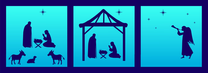Holiday set posters silhouettes christmas christian Nativity.. Scenes with the holy family, animals, angel. Vector illustration