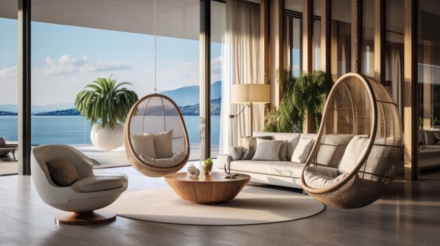 Luxurious living room with armchairs, sofa, and suspended basket chair, opulent lounge area, elegant home interior, upscale furnishings, spacious sitting room, high-end decor, lavish design