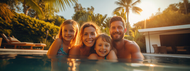 Happy family relaxing by the pool while on vacation - obrazy, fototapety, plakaty