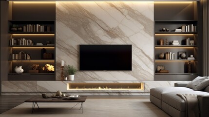 Modern marble TV wall with bookshelf. Home interior design.