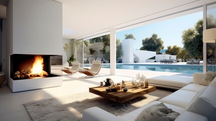 Modern white interior design with fireplace and beautiful backyard