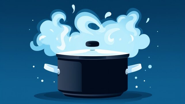 Water bubbling and producing steam in a black cooking pot placed on a stove. Flat design vector illustration of this cooking process