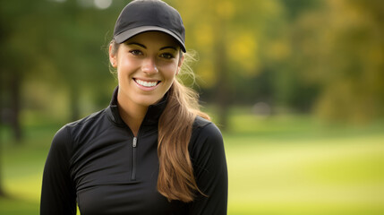 Portrait of a young woman on a golf course - Powered by Adobe