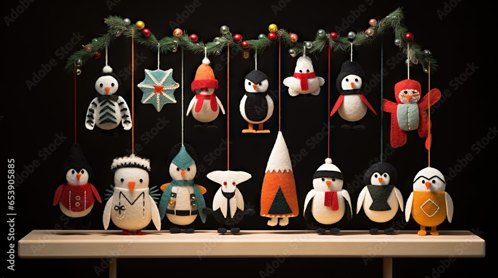 Poster a group of stuffed animals hanging from a string on a table. generative ai