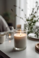 Aroma candle on the table. Warm aesthetic composition with dry flowers. Cozy home comfort, relaxation and wellness concept. Interior decoration mockup