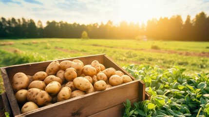 Simple wooden box full of dirty potatoes against green field on sunny day. Harvesting potato, growing vegetables, gardening. 