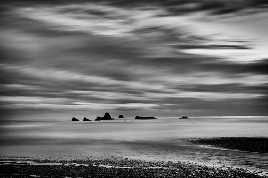 Long Exposure Monochrome during a sunset at Ruby Beach near Kalaloch; Olympic National Park, Washington, United States of America
