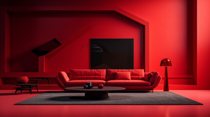 A bright red room with a red sofa, a brown coffee table, and a rug