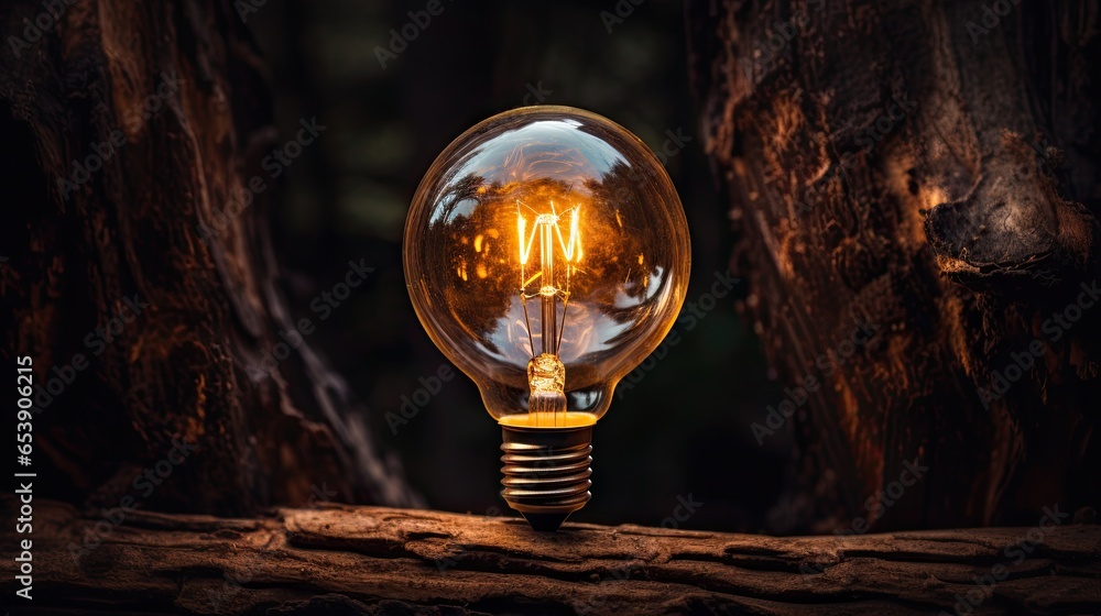 Poster a light bulb sitting on top of a wooden table next to a tree. generative ai
