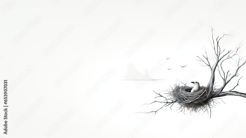 Poster a bird sitting in a nest on top of a tree. generative ai