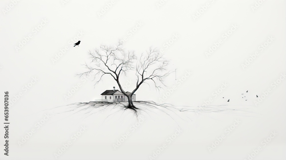 Poster a tree with a house on it and a bird flying over it. generative ai
