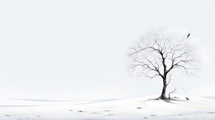  a lone tree in a snowy field with a bird perched on it.  generative ai