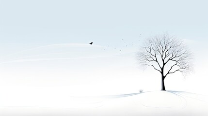 Fototapeta premium a lone tree in a snowy landscape with a bird flying overhead. generative ai